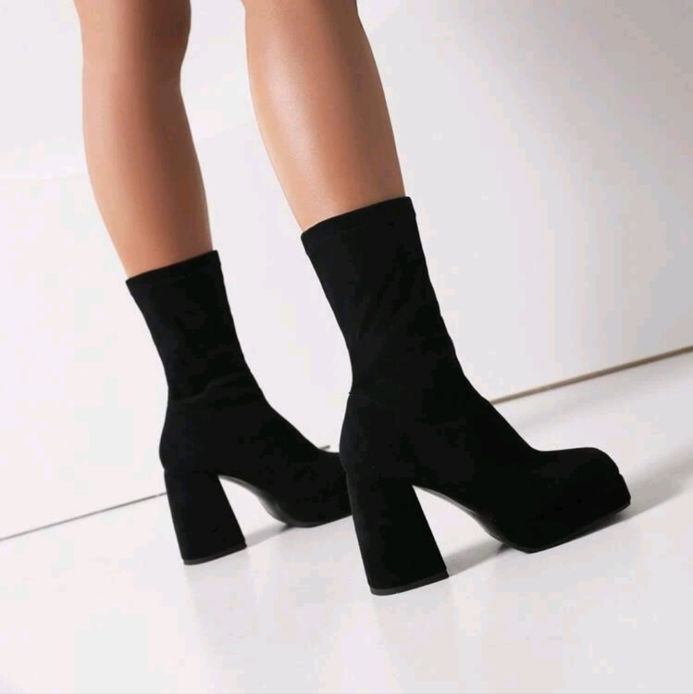 Faux Suede Slip On Chunky Heeled Boots